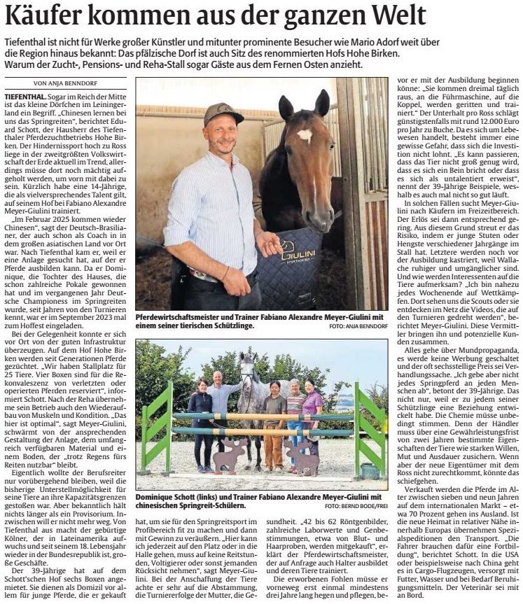Zeitungsartikel der Rheinpfalz: „Käufer kommen aus der ganzen Welt“ über Giulini Sport Horses